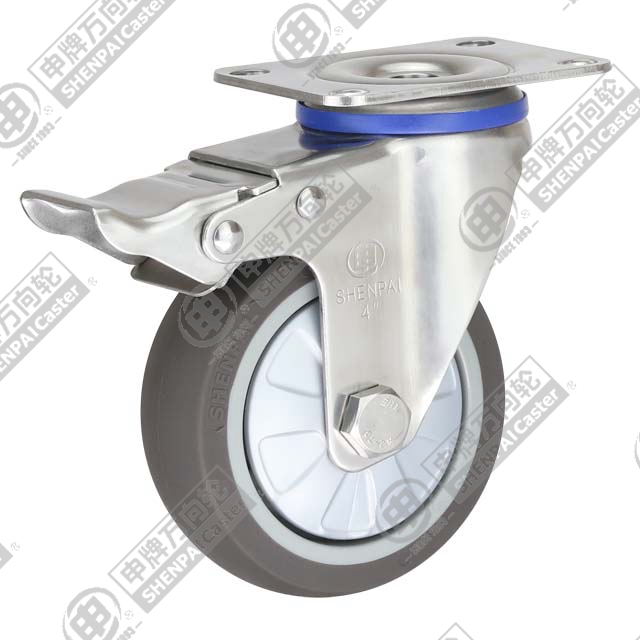 5" Top Plate Swivel Caster, Stainless Steel Frame, Plastic-core TPE Wheel, Total Lock Brake