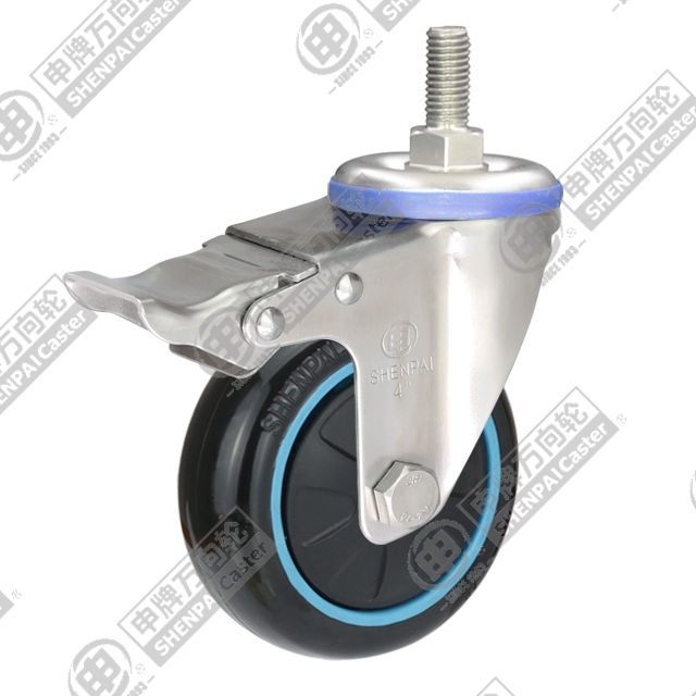 4" Threaded Stem Swivel Caster, Stainless Steel Frame, Plastic-core Polyurethane Wheel, Total Lock Brake, M12*25