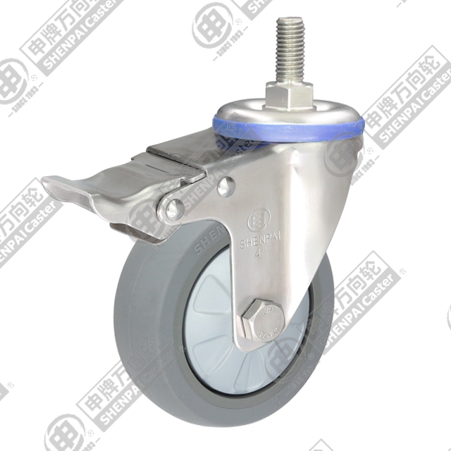 4" Threaded Stem Swivel Caster, Stainless Steel Frame, Plastic-core TPE Wheel, Total Lock Brake, M12*25
