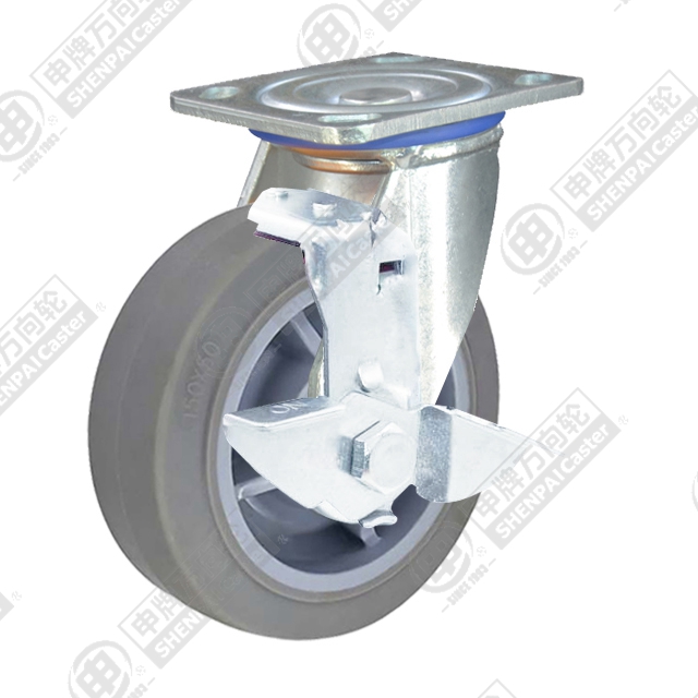 4" Top Plate Swivel Caster, Plastic-core TPE Wheel, Rear Parking Brake