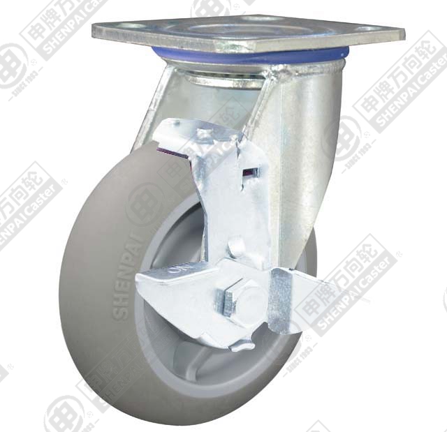 5" Top Plate Swivel Caster, Plastic-core TPE Wheel, Rear Parking Brake