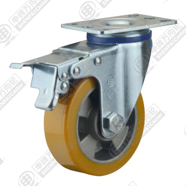 4" Top Plate Swivel Caster, Aluminum Core Polyurethane Wheel, Total Lock Brake