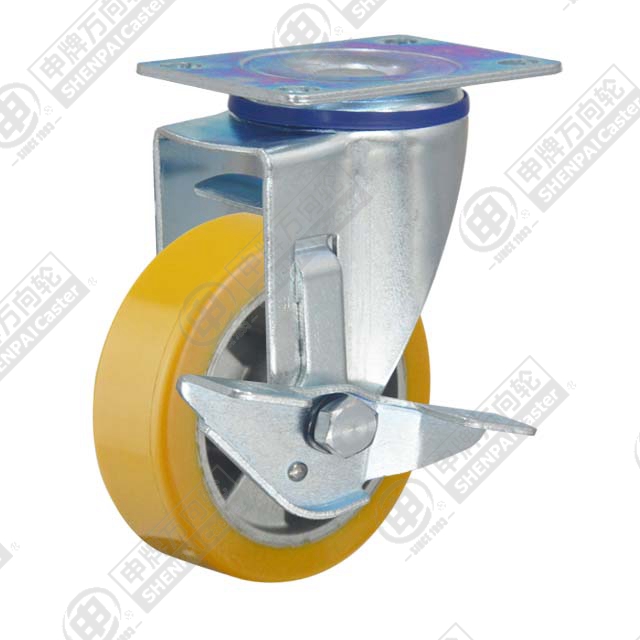 5" Top Plate Swivel Caster, Aluminum Core Polyurethane Wheel, Rear Parking Brake