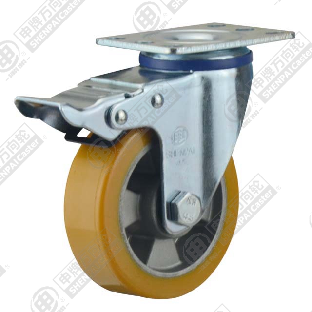 4" Top Plate Swivel Caster, Aluminum Core Polyurethane Wheel, Total Lock Brake