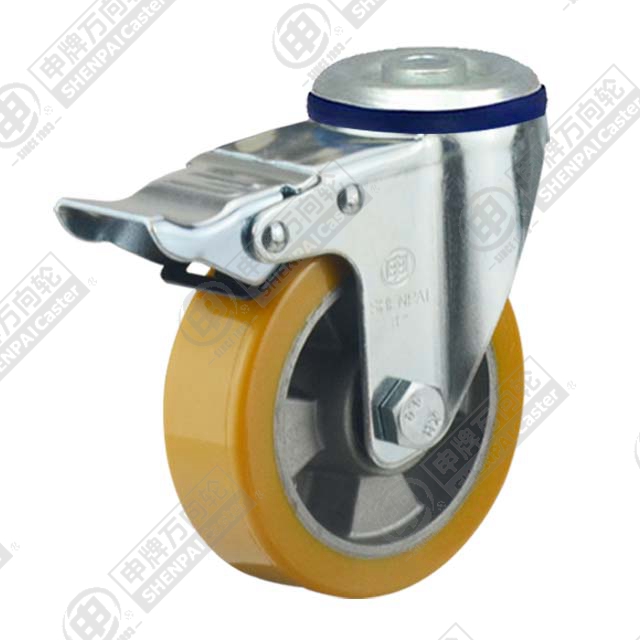4" Bolt Hole Swivel Caster, Aluminum Core Polyurethane Wheel, Total Lock Brake