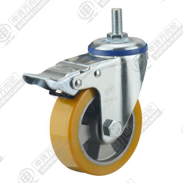 4" Threaded Stem Swivel Caster, Aluminum Core Polyurethane Wheel, Total Lock Brake, M12*25
