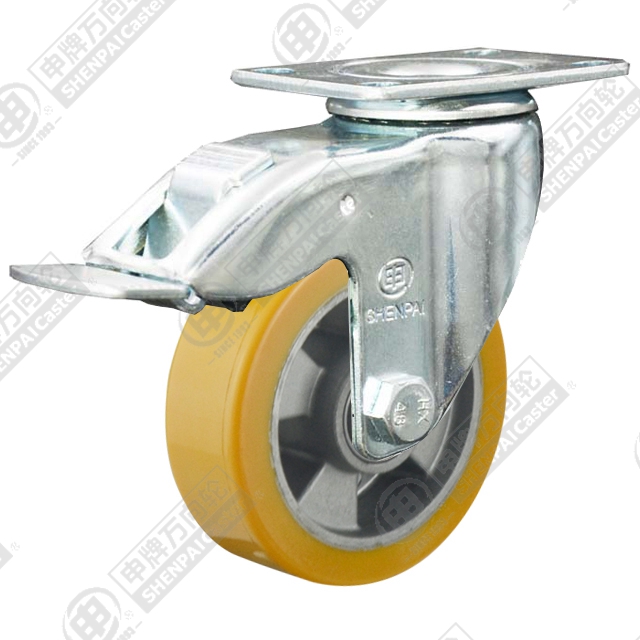 5" Top Plate Swivel Caster, Aluminum Core Polyurethane Wheel, Total Lock Brake