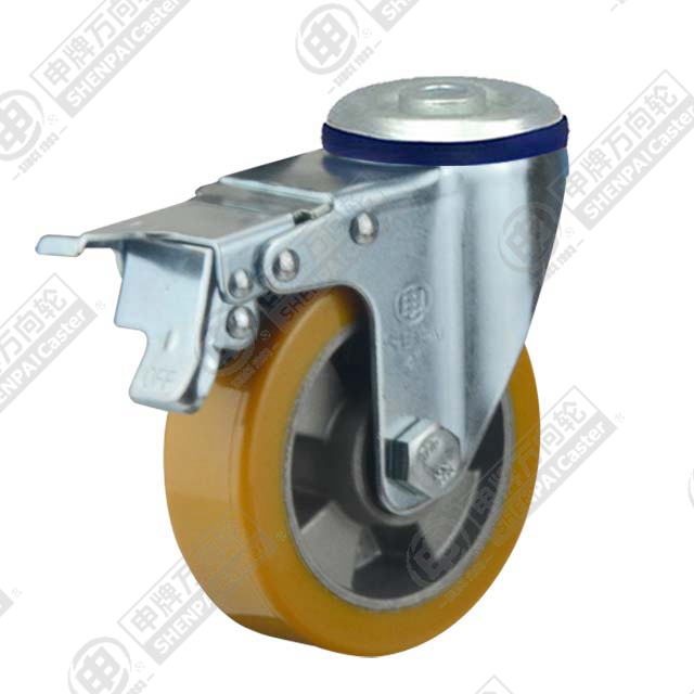 4" Bolt Hole Swivel Caster, Aluminum Core Polyurethane Wheel, Total Lock Brake