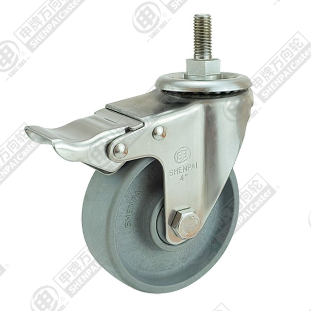 5" Threaded Stem Swivel Caster, Stainless Steel Frame, High Temperature Nylon Wheel, Total Lock Brake, M12*25