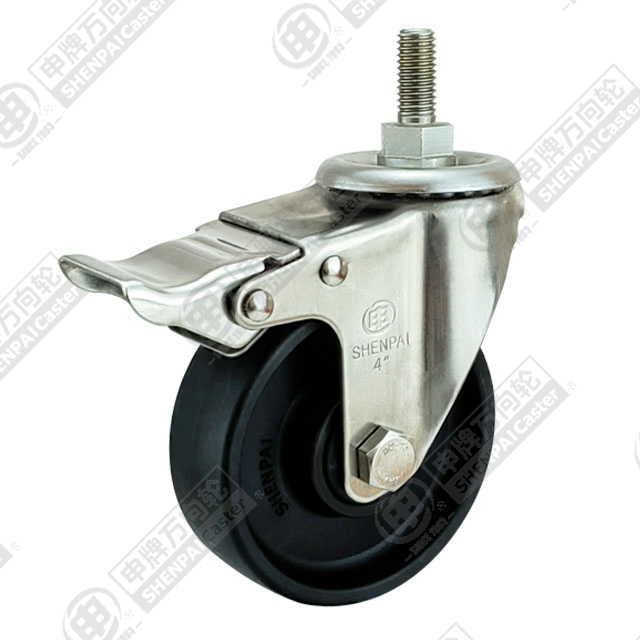 4" Threaded Stem Swivel Caster, Stainless Steel Frame, High Temperature Nylon Wheel, Total Lock Brake, M12*25
