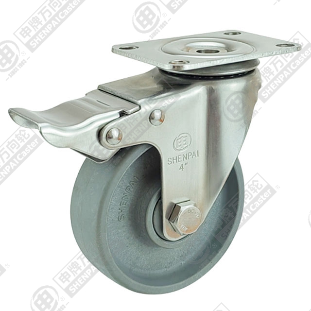4" Top Plate Swivel Caster, Stainless Steel Frame, High Temperature Nylon Wheel, Total Lock Brake