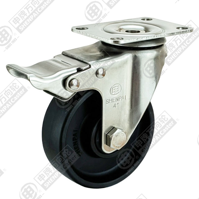 4" Top Plate Swivel Caster, Stainless Steel Frame, High Temperature Nylon Wheel, Total Lock Brake