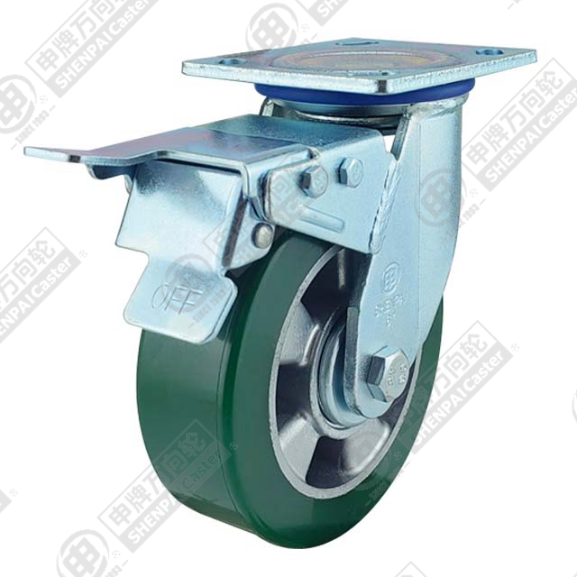 6" Top Plate Swivel Caster, Aluminum Core Polyurethane Wheel, Total Lock Brake