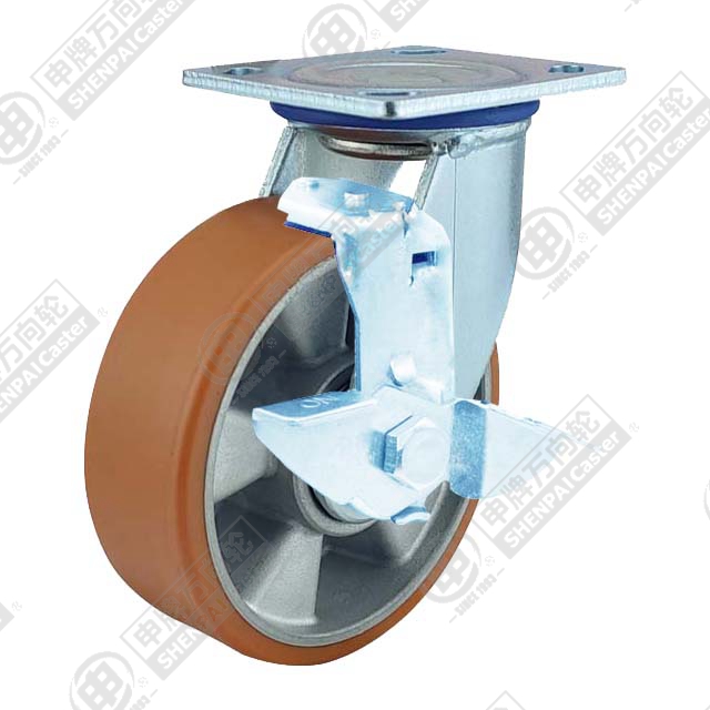 4" Top Plate Swivel Caster, Aluminum Core Polyurethane Wheel, Rear Parking Brake