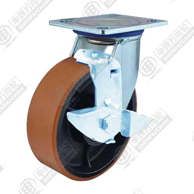 5" Top Plate Swivel Caster, Iron Core Polyurethane Wheel, Rear Parking Brake