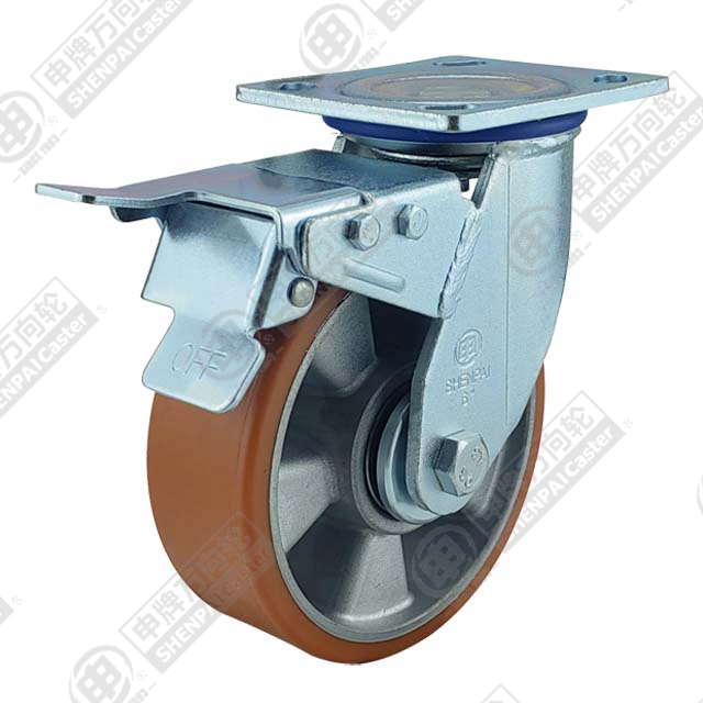 8" Top Plate Swivel Caster, Aluminum Core Polyurethane Wheel, Total Lock Brake