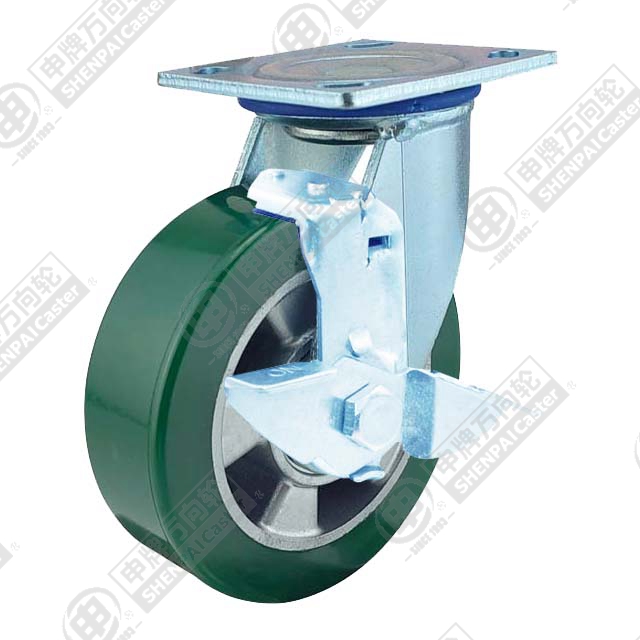 8" Top Plate Swivel Caster, Aluminum Core Polyurethane Wheel, Rear Parking Brake
