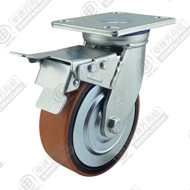 5" Top Plate Swivel Caster, Iron Core Polyurethane Wheel, Total Lock Brake