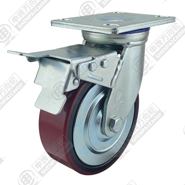 5" Top Plate Swivel Caster, Iron Core Polyurethane Wheel, Total Lock Brake
