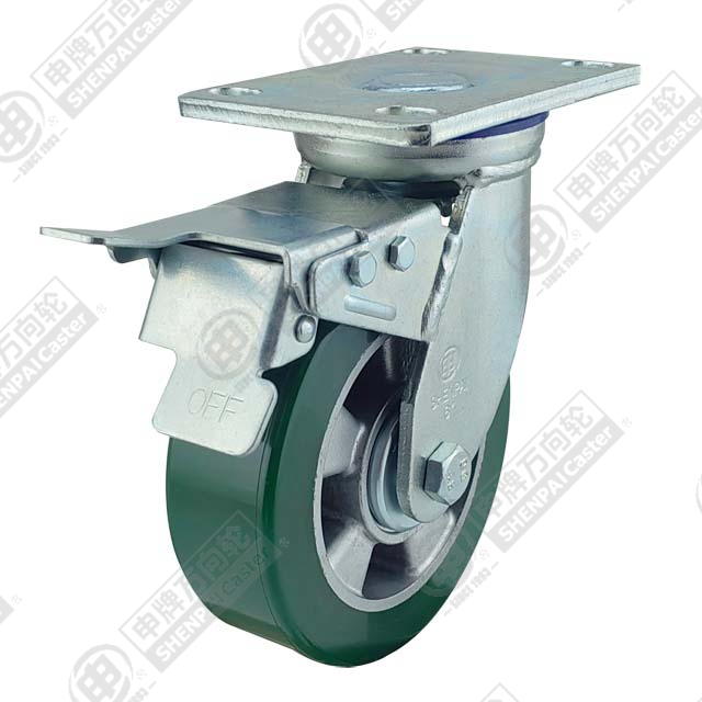 6" Top Plate Swivel Caster, Aluminum Core Polyurethane Wheel, Total Lock Brake