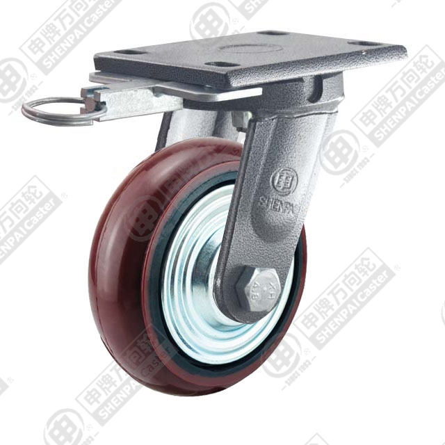 6" Top Plate Swivel Caster, Iron Core Polyurethane Wheel, Direction Lock Brake
