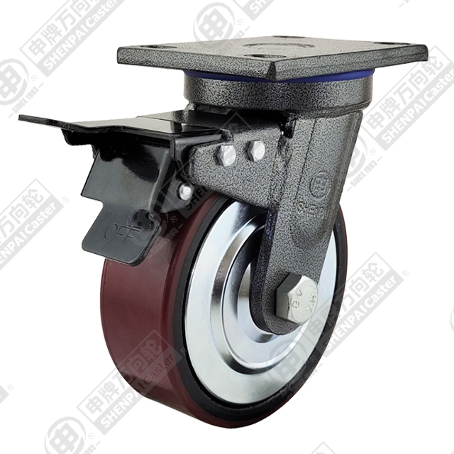 5" Top Plate Swivel Caster, Iron Core Polyurethane Wheel, Total Lock Brake