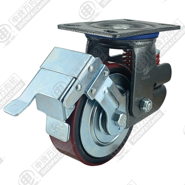 6" Top Plate Swivel Caster, Iron Core Polyurethane Wheel, Total Lock Brake