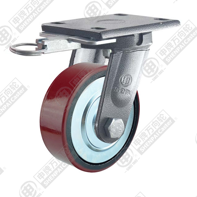 8" Top Plate Swivel Caster, Iron Core Polyurethane Wheel, Direction Lock Brake