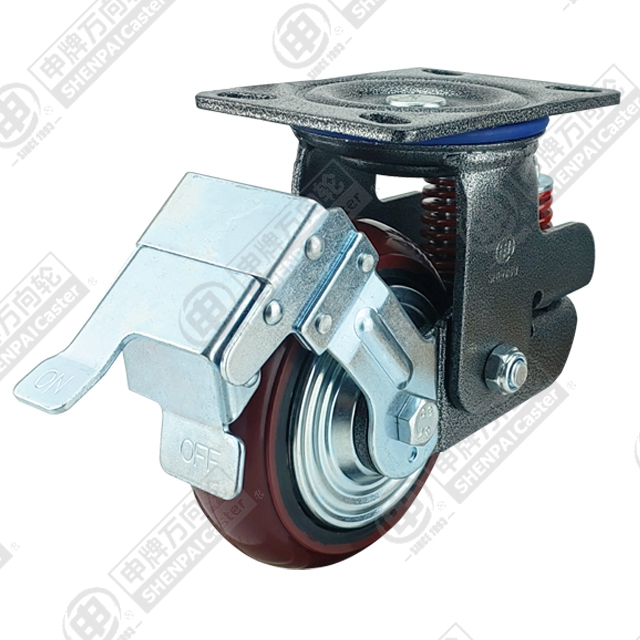 6" Top Plate Swivel Caster, Iron Core Polyurethane Wheel, Total Lock Brake