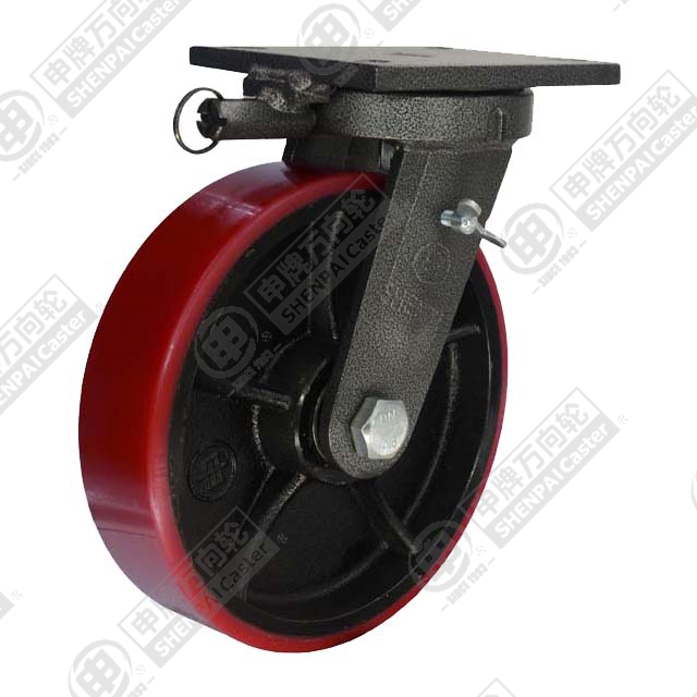 12" Top Plate Swivel Caster, Iron Core Polyurethane Wheel, Direction Lock Brake