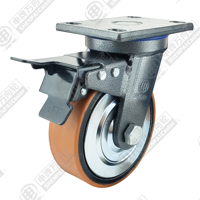 6" Top Plate Swivel Caster, Iron Core Polyurethane Wheel, Total Lock Brake