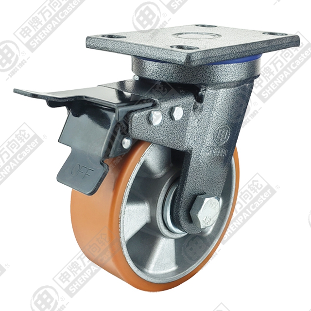 6" Top Plate Swivel Caster, Aluminum Core Polyurethane Wheel, Total Lock Brake