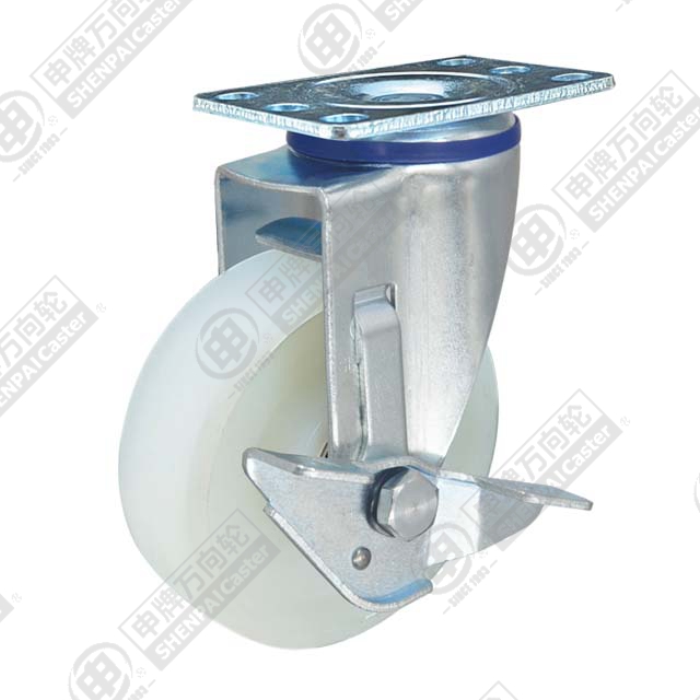 3" Top Plate Swivel Caster, Integral Nylon Wheel, Rear Parking Brake