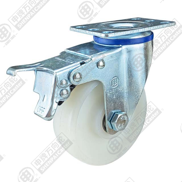 3" Top Plate Swivel Caster, Integral Nylon Wheel, Total Lock Brake