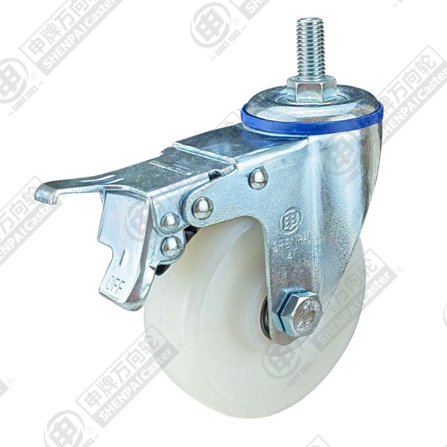 5" Threaded Stem Swivel Caster, Integral Nylon Wheel, Total Lock Brake, M12*25