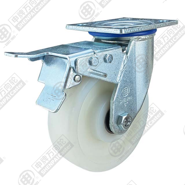 5" Top Plate Swivel Caster, Integral Nylon Wheel, Total Lock Brake