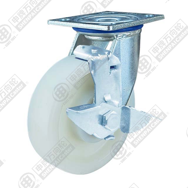 8" Top Plate Swivel Caster, Integral Nylon Wheel, Rear Parking Brake