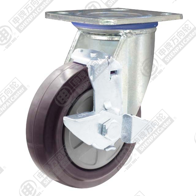 6" Top Plate Swivel Caster, Nylon Core Rubber Wheel, Rear Parking Brake