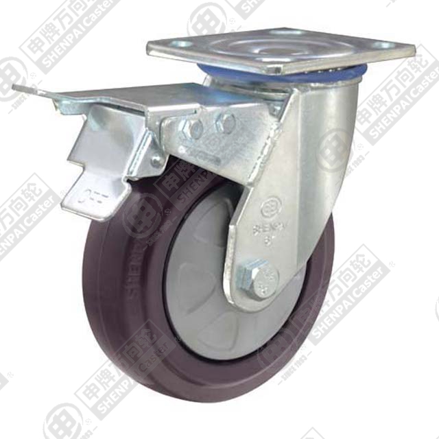 5" Top Plate Swivel Caster, Nylon Core Rubber Wheel, Total Lock Brake