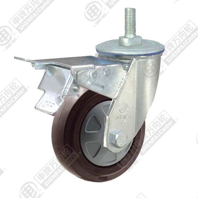 6" Threaded Stem Swivel Caster, Nylon Core Rubber Wheel, Total Lock Brake, M20*32