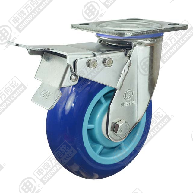 8" Top Plate Swivel Caster, Stainless Steel Frame, Plastic-core Polyurethane Wheel, Total Lock Brake