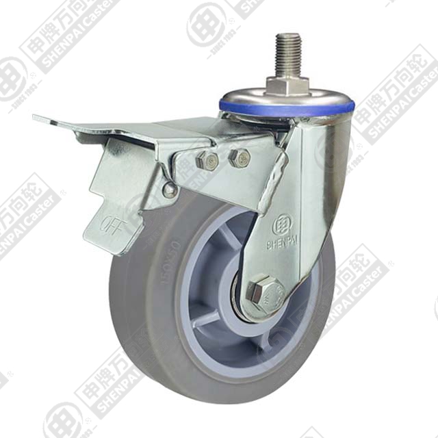 4" Threaded Stem Swivel Caster, Stainless Steel Frame, Plastic-core TPE Wheel, Total Lock Brake, M20*45