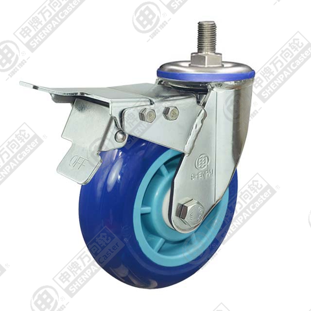 4" Threaded Stem Swivel Caster, Stainless Steel Frame, Plastic-core Polyurethane Wheel, Total Lock Brake, M20*45
