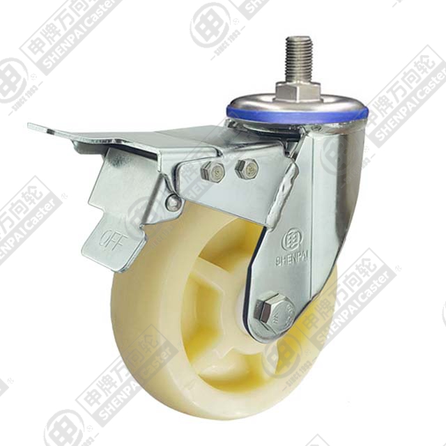 5" Threaded Stem Swivel Caster, Stainless Steel Frame, Polypropylene Wheel, Total Lock Brake, M20*45