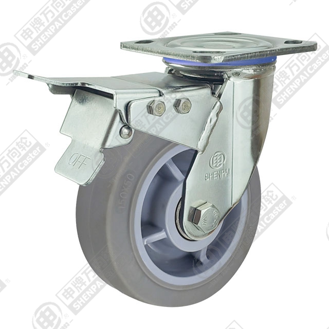 5" Top Plate Swivel Caster, Stainless Steel Frame, Plastic-core TPE Wheel, Total Lock Brake