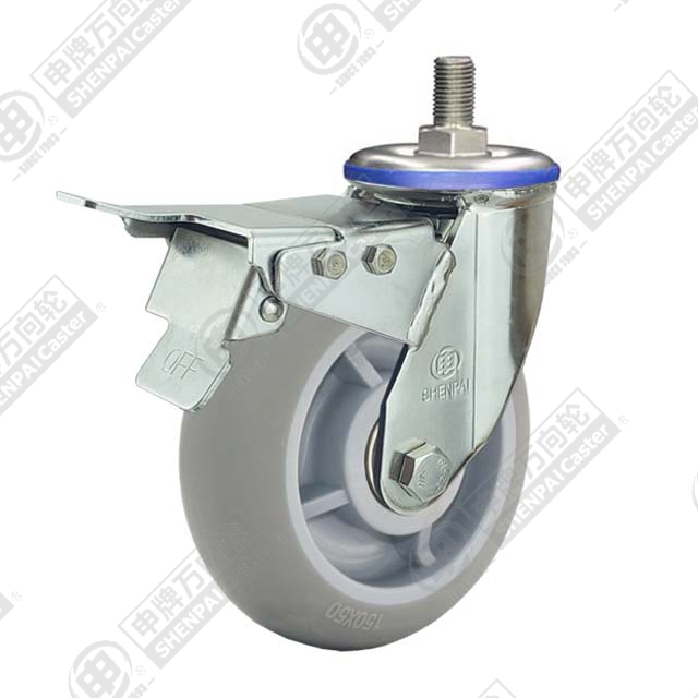 6" Threaded Stem Swivel Caster, Stainless Steel Frame, Plastic-core TPE Wheel, Total Lock Brake, M20*45