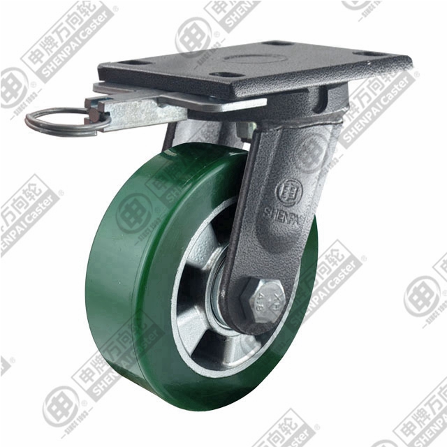 8" Top Plate Swivel Caster, Aluminum Core Polyurethane Wheel, Direction Lock Brake
