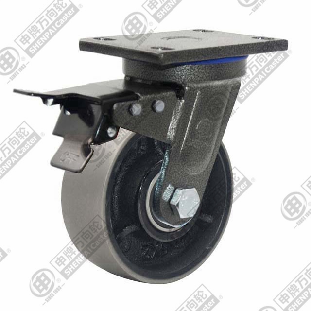 5" Top Plate Swivel Caster, Cast Iron Wheel, Total Lock Brake