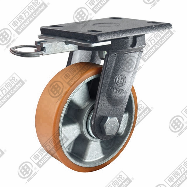 8" Top Plate Swivel Caster, Aluminum Core Polyurethane Wheel, Direction Lock Brake