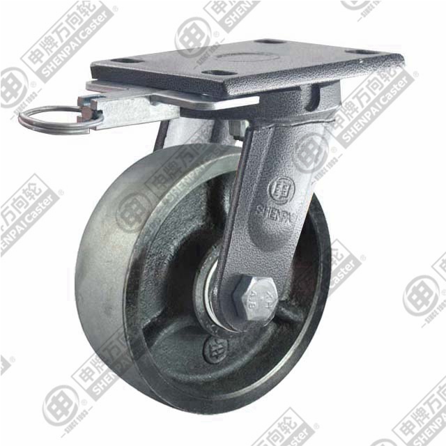 6" Top Plate Swivel Caster, Cast Iron Wheel, Direction Lock Brake